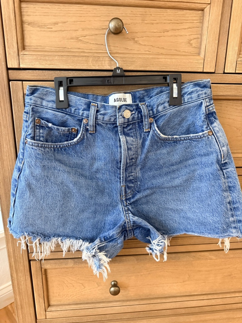 Agolde Light Blue High-Rise Denim Shorts with Frayed Hem